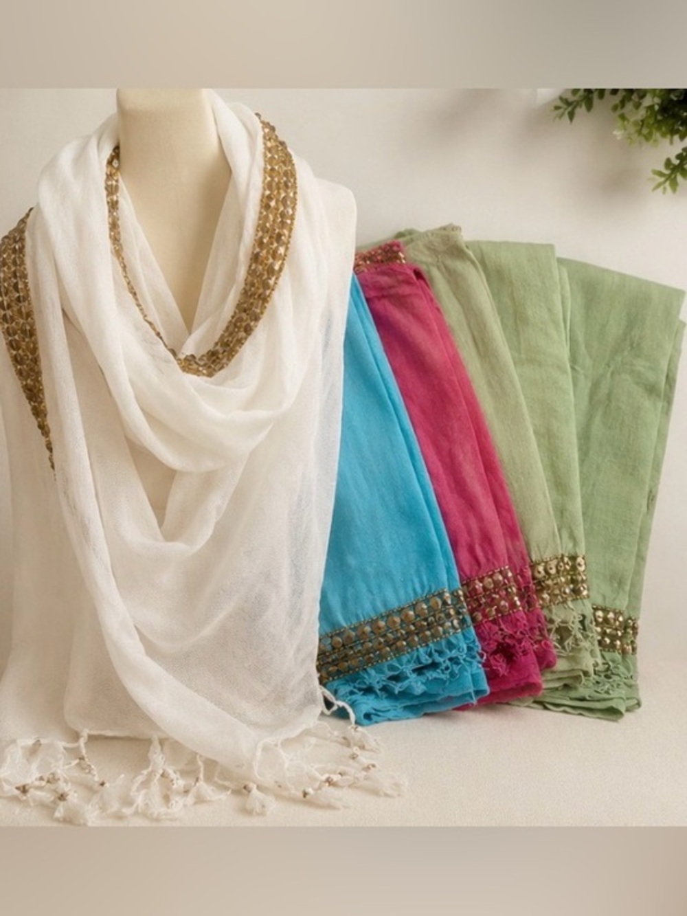 Cotton Scarves Bundle of FIVE Beaded Fringe New Old Stock Reseller Bundle #2616
